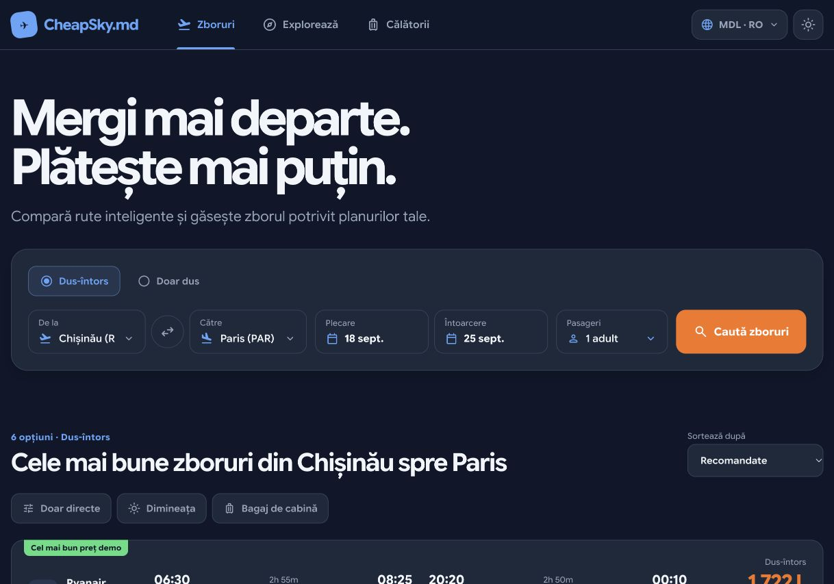 Proiectul CheapSky Previzualizarea site-ului CheapSky